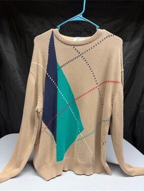Neutral Beige Geometric Crewneck Sweater with Teal & Navy Accents